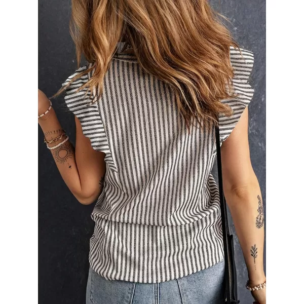 Floerns Women's Casual Striped Print Round Neck Ruffle Cap Sleeve Summer Blouses