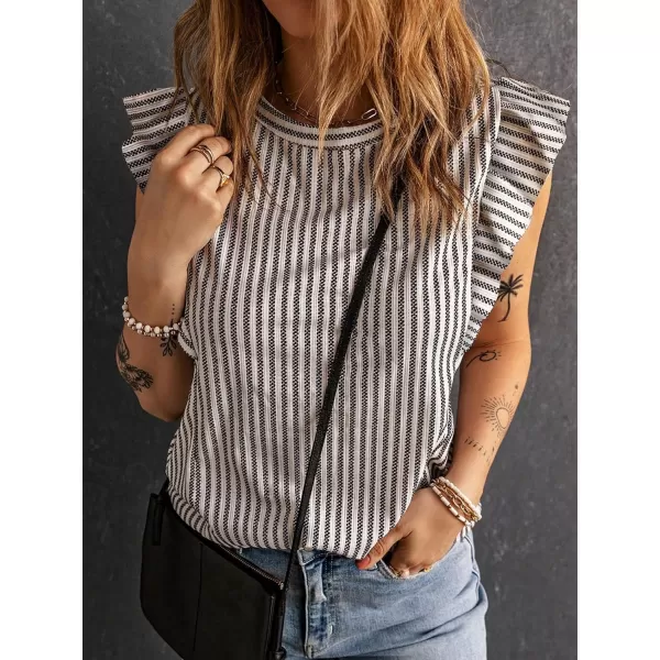 Floerns Women's Casual Striped Print Round Neck Ruffle Cap Sleeve Summer Blouses