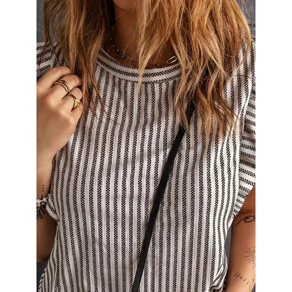 Floerns Women's Casual Striped Print Round Neck Ruffle Cap Sleeve Summer Blouses