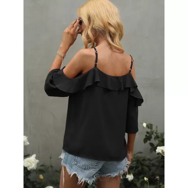 Floerns Women's Cold Shoulder Ruffle Trim Short Sleeve Elegant Blouse Top