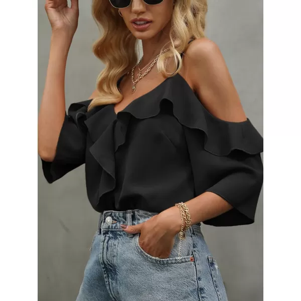 Floerns Women's Cold Shoulder Ruffle Trim Short Sleeve Elegant Blouse Top