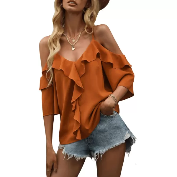 Floerns Women's Cold Shoulder Ruffle Trim Short Sleeve Elegant Blouse Top