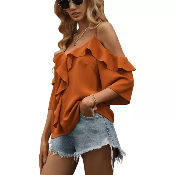 Floerns Women's Cold Shoulder Ruffle Trim Short Sleeve Elegant Blouse Top