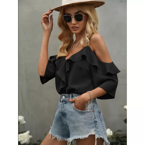 Floerns Women's Cold Shoulder Ruffle Trim Short Sleeve Elegant Blouse Top