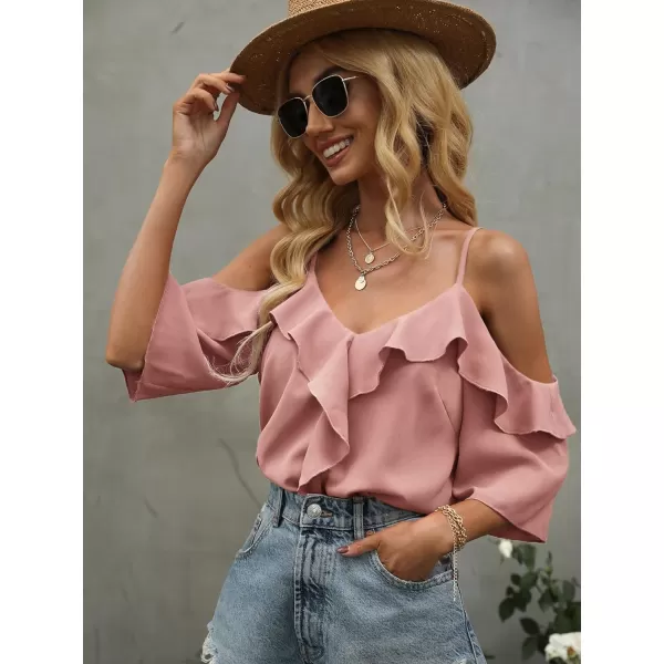 Floerns Women's Cold Shoulder Ruffle Trim Short Sleeve Elegant Blouse Top