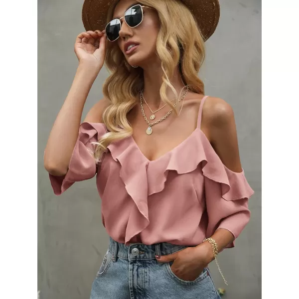 Floerns Women's Cold Shoulder Ruffle Trim Short Sleeve Elegant Blouse Top