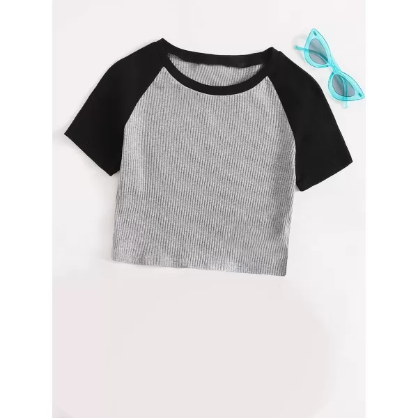 Floerns Women's Colorblock Rib Knit Short Sleeve Round Neck Crop Top Tee Shirts