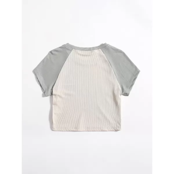 Floerns Women's Colorblock Rib Knit Short Sleeve Round Neck Crop Top Tee Shirts