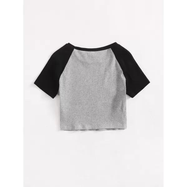 Floerns Women's Colorblock Rib Knit Short Sleeve Round Neck Crop Top Tee Shirts