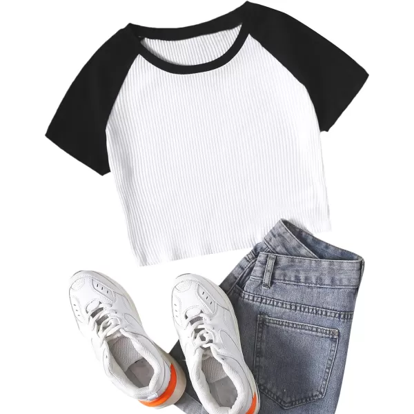 Floerns Women's Colorblock Rib Knit Short Sleeve Round Neck Crop Top Tee Shirts