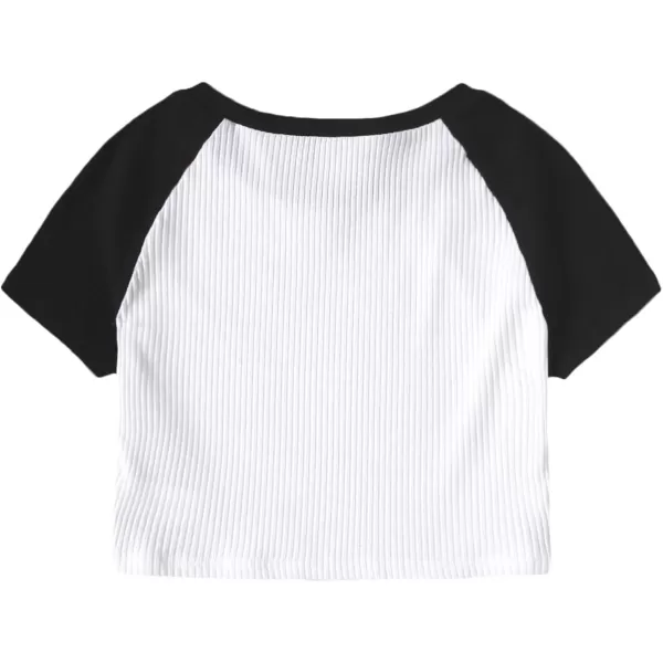 Floerns Women's Colorblock Rib Knit Short Sleeve Round Neck Crop Top Tee Shirts