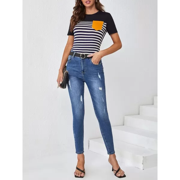 Floerns Women's Colorblock Short Sleeve Pocket Patched Crewneck Tee Shirt