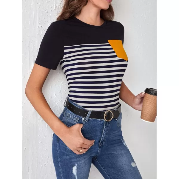 Floerns Women's Colorblock Short Sleeve Pocket Patched Crewneck Tee Shirt