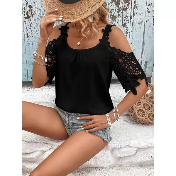 Floerns Women's Contrast Guipure Lace Cold Shoulder Short Sleeve Blouse Top