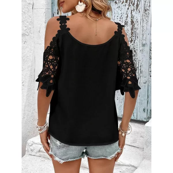 Floerns Women's Contrast Guipure Lace Cold Shoulder Short Sleeve Blouse Top