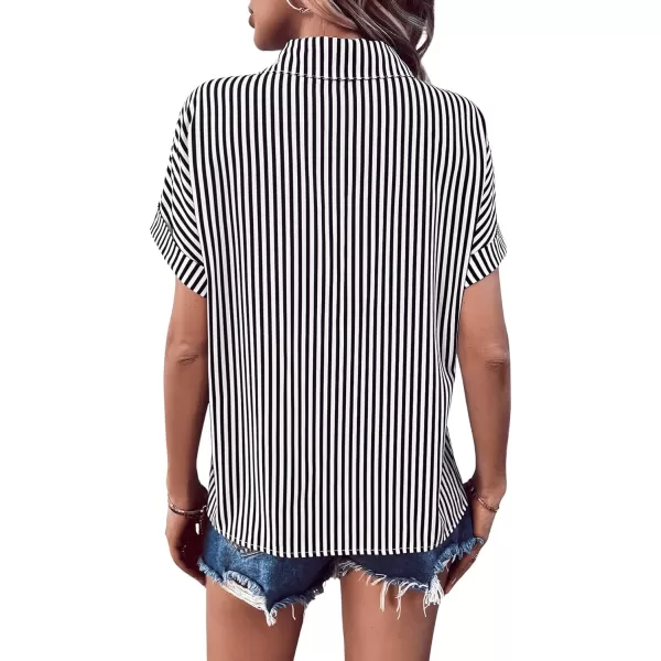 Floerns Women's Contrast Short Sleeve Button Down Collar Shirt Blouse Tops