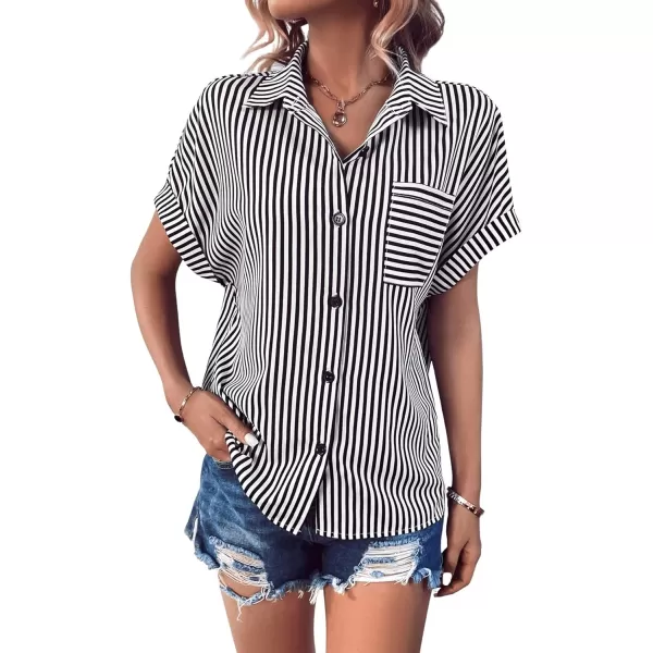 Floerns Women's Contrast Short Sleeve Button Down Collar Shirt Blouse Tops