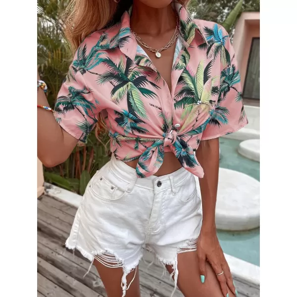 Floerns Women's Contrast Short Sleeve Button Down Collar Shirt Blouse Tops