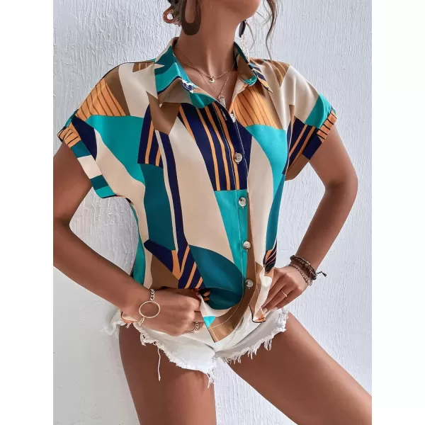 Floerns Women's Contrast Short Sleeve Button Down Collar Shirt Blouse Tops