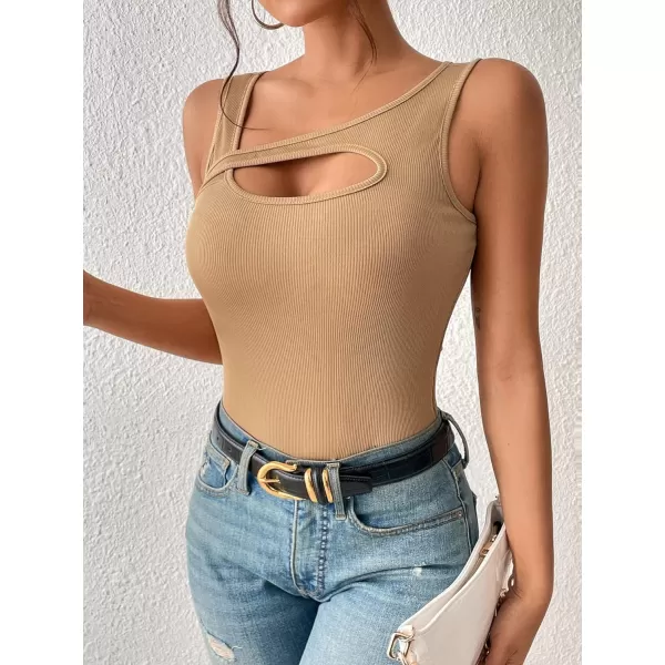 Floerns Women's Cut Out Front Asymmetrical Neck Rib Knit Sleeveless Tank Top