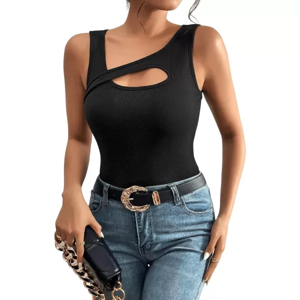 Floerns Women's Cut Out Front Asymmetrical Neck Rib Knit Sleeveless Tank Top