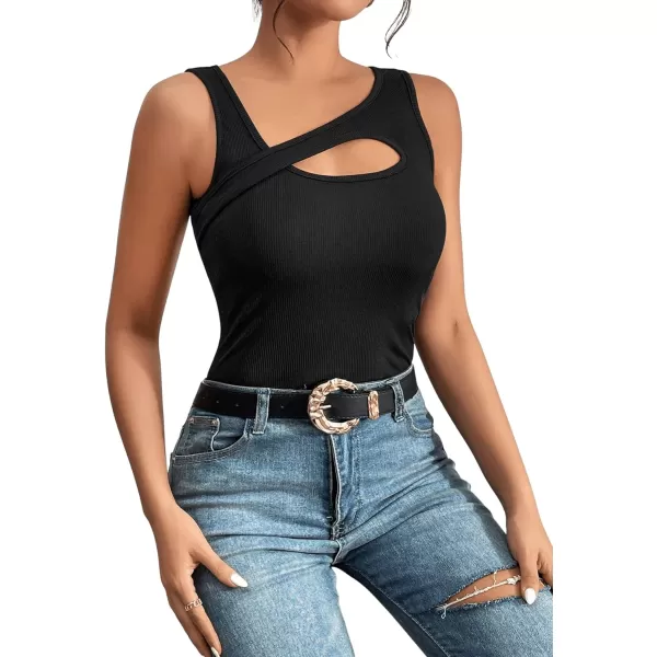 Floerns Women's Cut Out Front Asymmetrical Neck Rib Knit Sleeveless Tank Top