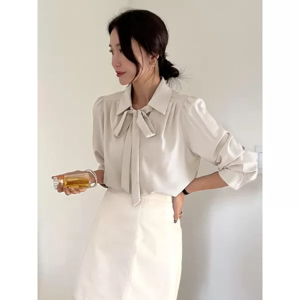 Floerns Women's Elegant Puff Long Sleeve Tie Front Office Work Blouse Top