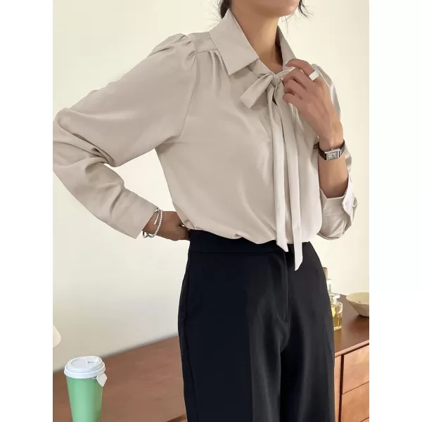 Floerns Women's Elegant Puff Long Sleeve Tie Front Office Work Blouse Top