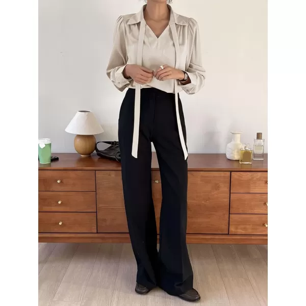 Floerns Women's Elegant Puff Long Sleeve Tie Front Office Work Blouse Top