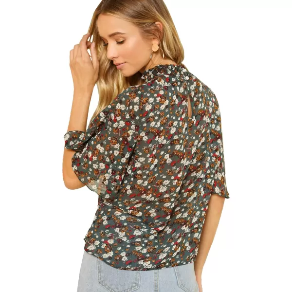 Floerns Women's Floral Print High Neck Ruffle Short Sleeve Chiffon Blouse
