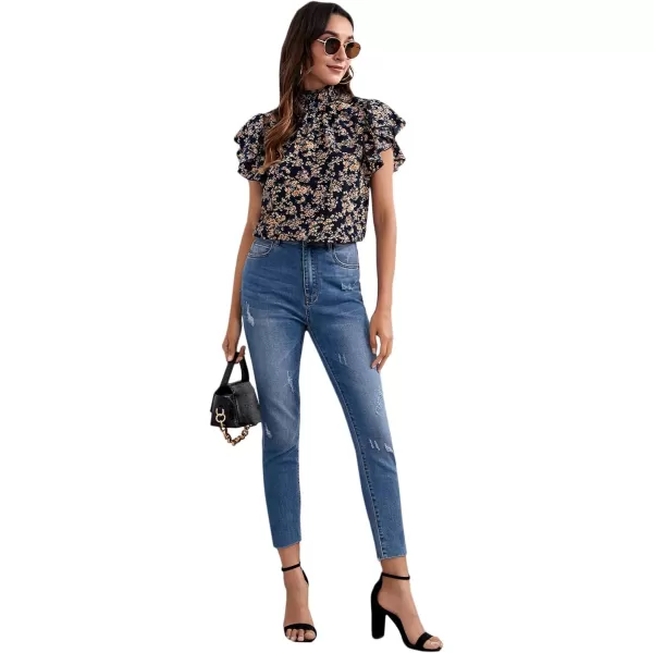 Floerns Women's Floral Print High Neck Ruffle Short Sleeve Chiffon Blouse