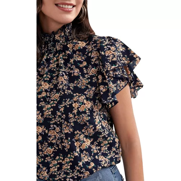 Floerns Women's Floral Print High Neck Ruffle Short Sleeve Chiffon Blouse