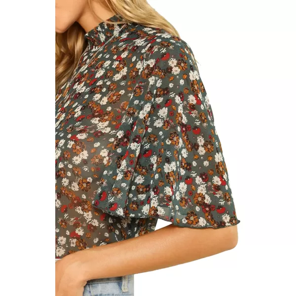 Floerns Women's Floral Print High Neck Ruffle Short Sleeve Chiffon Blouse
