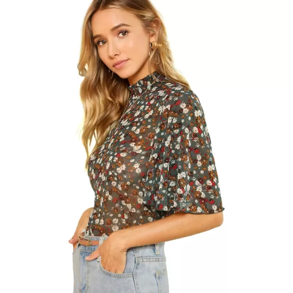 Floerns Women's Floral Print High Neck Ruffle Short Sleeve Chiffon Blouse