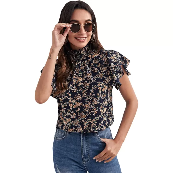Floerns Women's Floral Print High Neck Ruffle Short Sleeve Chiffon Blouse