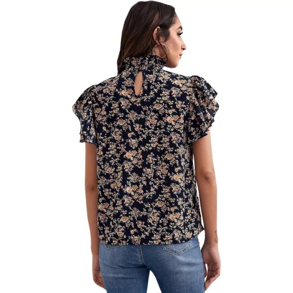 Floerns Women's Floral Print High Neck Ruffle Short Sleeve Chiffon Blouse