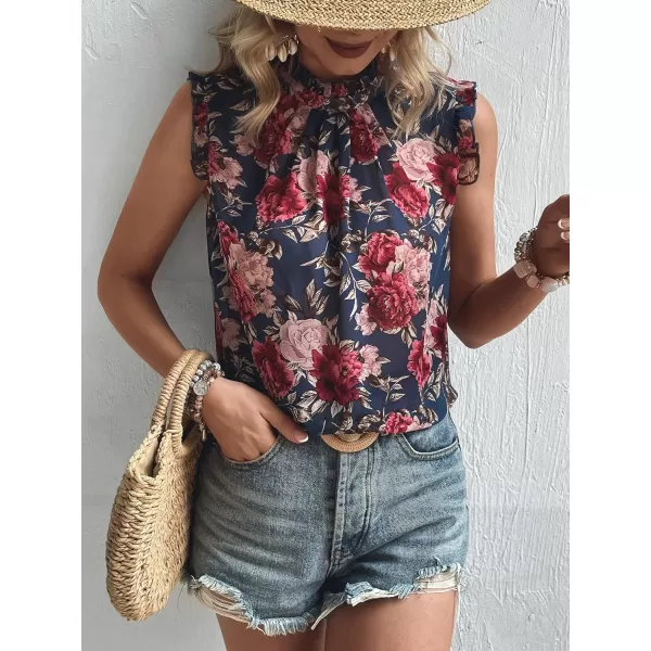 Floerns Women's Floral Print Ruffle Trim Sleeveless Mock Neck Blouse Tops