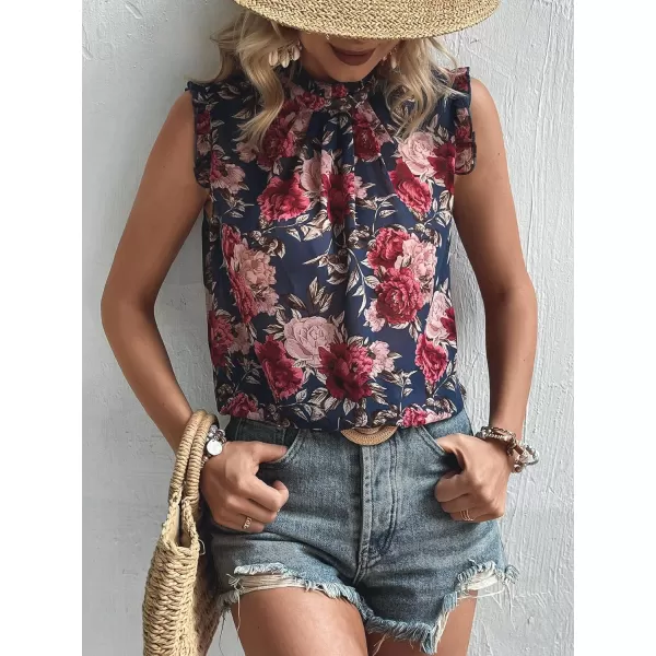 Floerns Women's Floral Print Ruffle Trim Sleeveless Mock Neck Blouse Tops