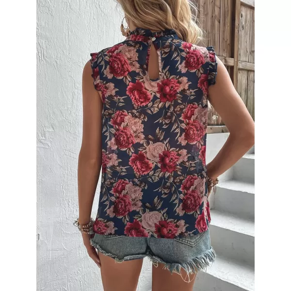 Floerns Women's Floral Print Ruffle Trim Sleeveless Mock Neck Blouse Tops