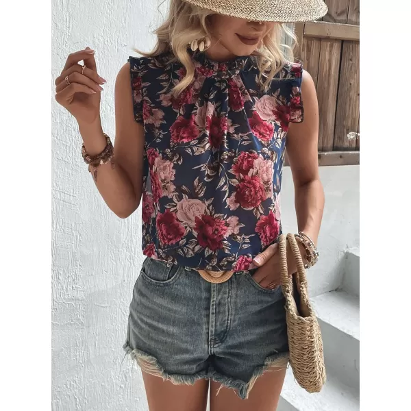 Floerns Women's Floral Print Ruffle Trim Sleeveless Mock Neck Blouse Tops
