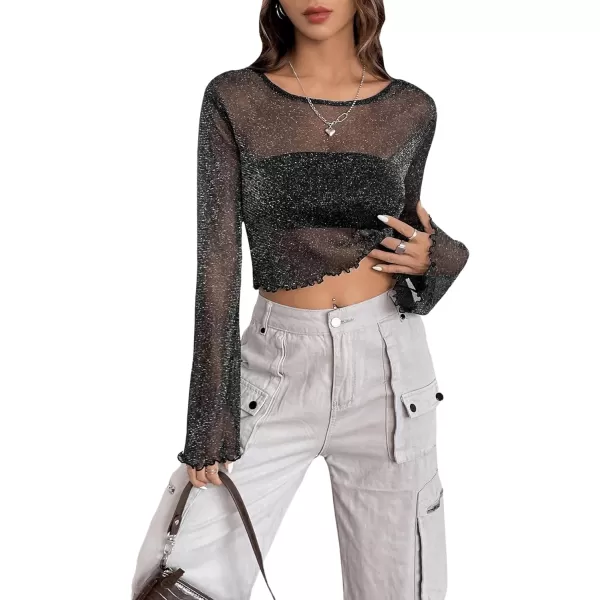 Floerns Women's Lettuce Trim Long Sleeve Sheer Mesh Blouse Top Without Tube Top