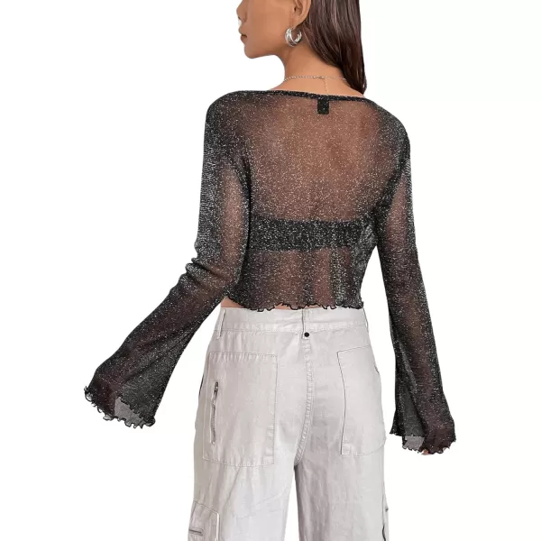Floerns Women's Lettuce Trim Long Sleeve Sheer Mesh Blouse Top Without Tube Top