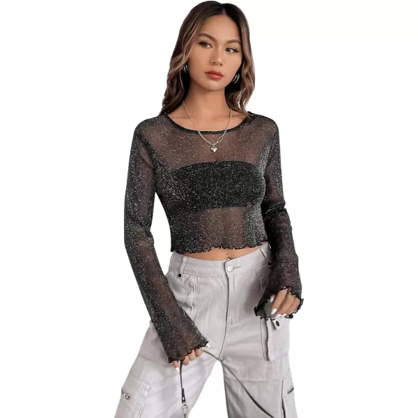 Floerns Women's Lettuce Trim Long Sleeve Sheer Mesh Blouse Top Without Tube Top