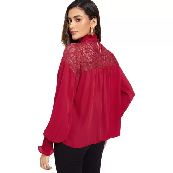 Floerns Women's Long Puff Sleeve Mock Neck Sheer Chiffon Blouse Tops