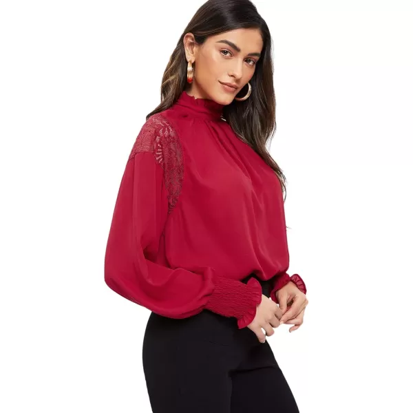 Floerns Women's Long Puff Sleeve Mock Neck Sheer Chiffon Blouse Tops