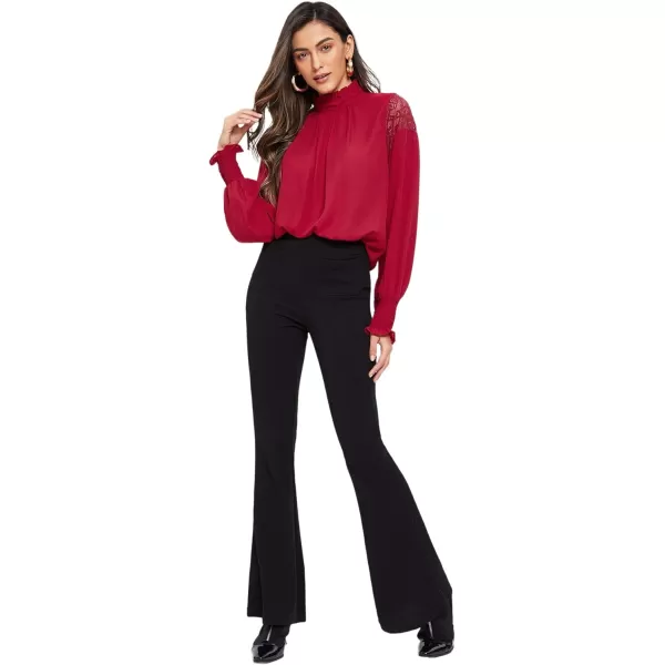 Floerns Women's Long Puff Sleeve Mock Neck Sheer Chiffon Blouse Tops