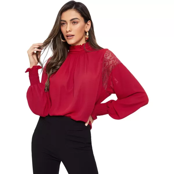 Floerns Women's Long Puff Sleeve Mock Neck Sheer Chiffon Blouse Tops