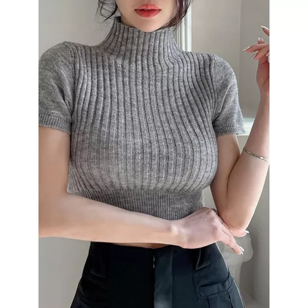 Floerns Women's Mock Neck Short Sleeve Ribbed Knit Casual Slim Fit Tee Shirt