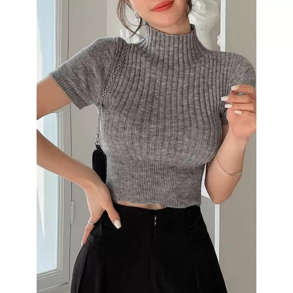 Floerns Women's Mock Neck Short Sleeve Ribbed Knit Casual Slim Fit Tee Shirt