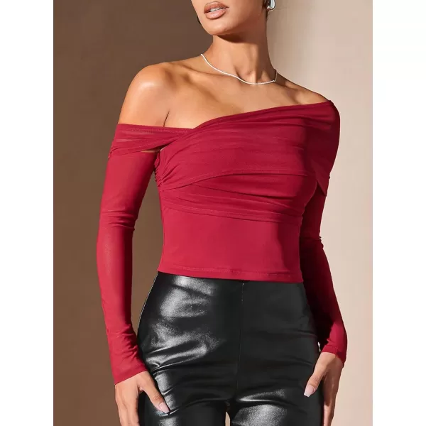 Floerns Women's Off Shoulder Asymmetrical Neck Ruched Mesh Long Sleeve Crop Top Tee